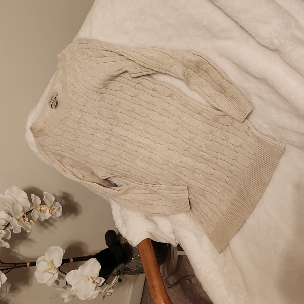 Loft women's cream metallic cable-knit crew neck sweater